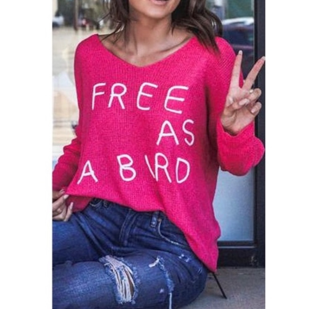 PINK EMBROIDERED OVERSIZED “FREE AS A BIRD” LOGO SWEATER TOP